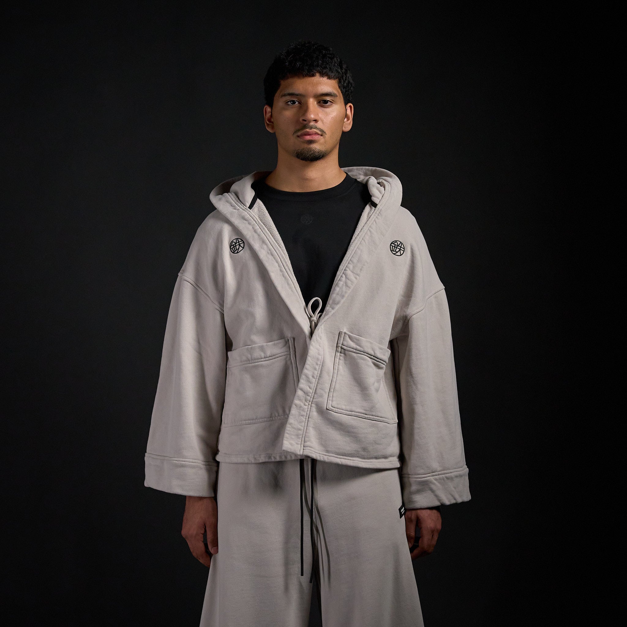 Haori Hoodie in TWILIGHT bone, front view on model | Village Hidden in Iron
