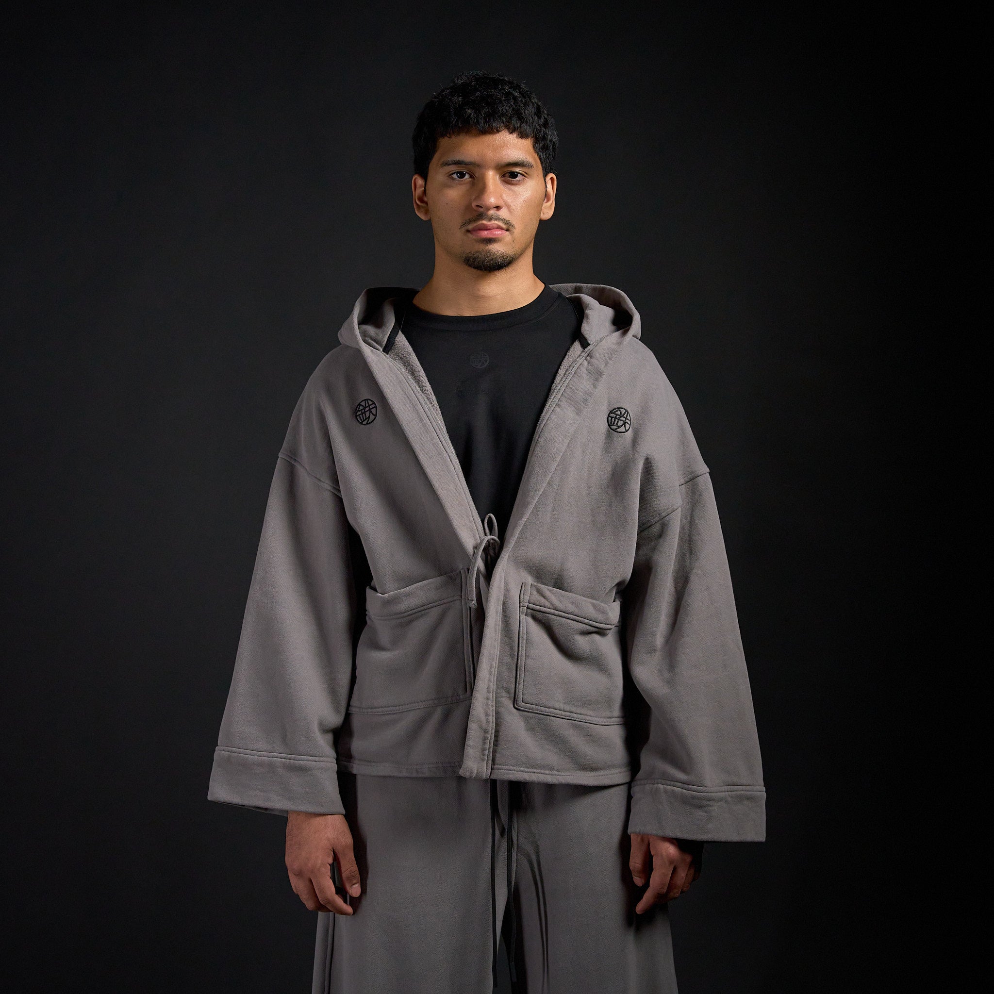 Haori Hoodie in DARKSIDE charcoal grey, front view on model | Village Hidden in Iron