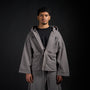 Haori Hoodie in DARKSIDE charcoal grey, front view on model | Village Hidden in Iron