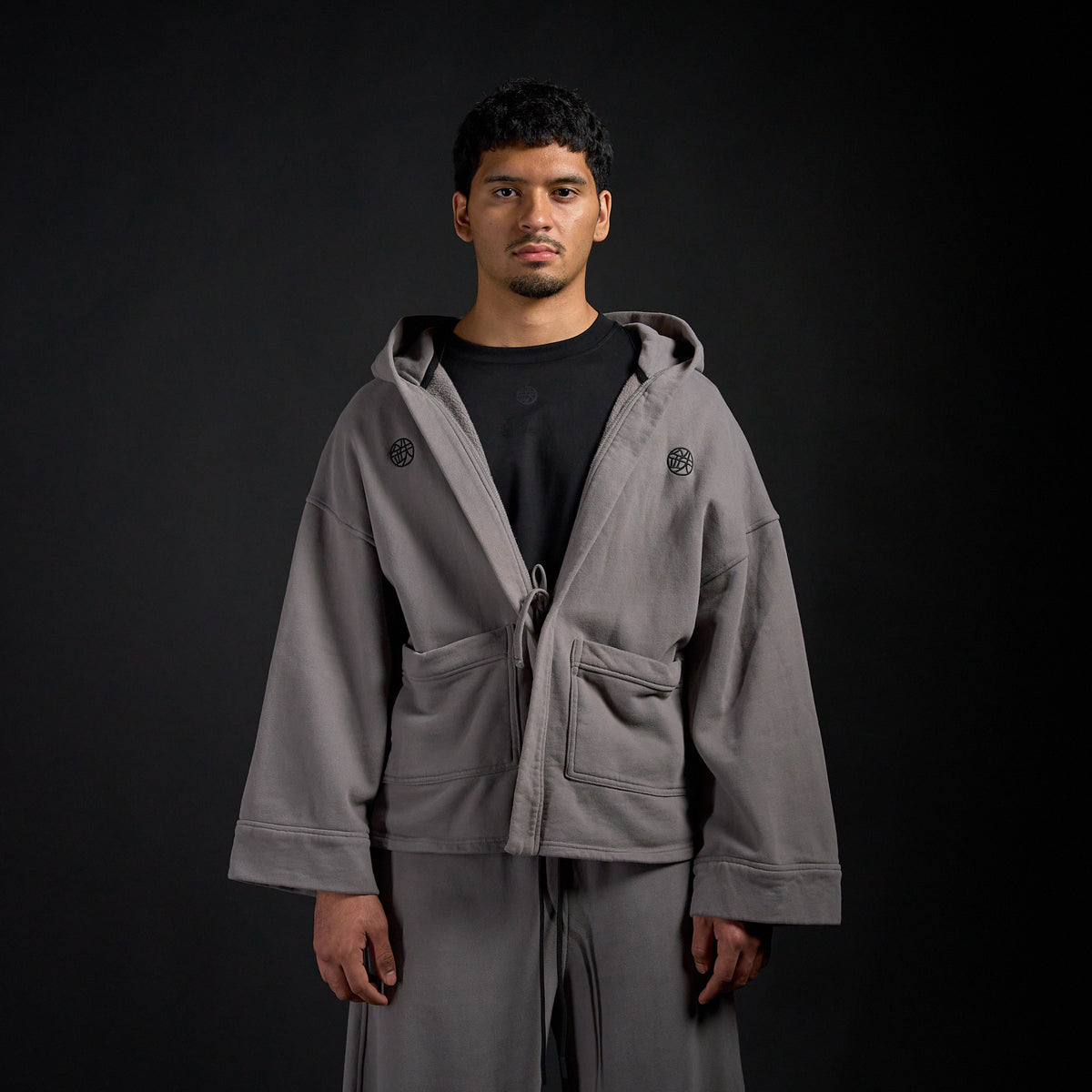 Haori Hoodie in DARKSIDE charcoal grey, front view on model | Village Hidden in Iron