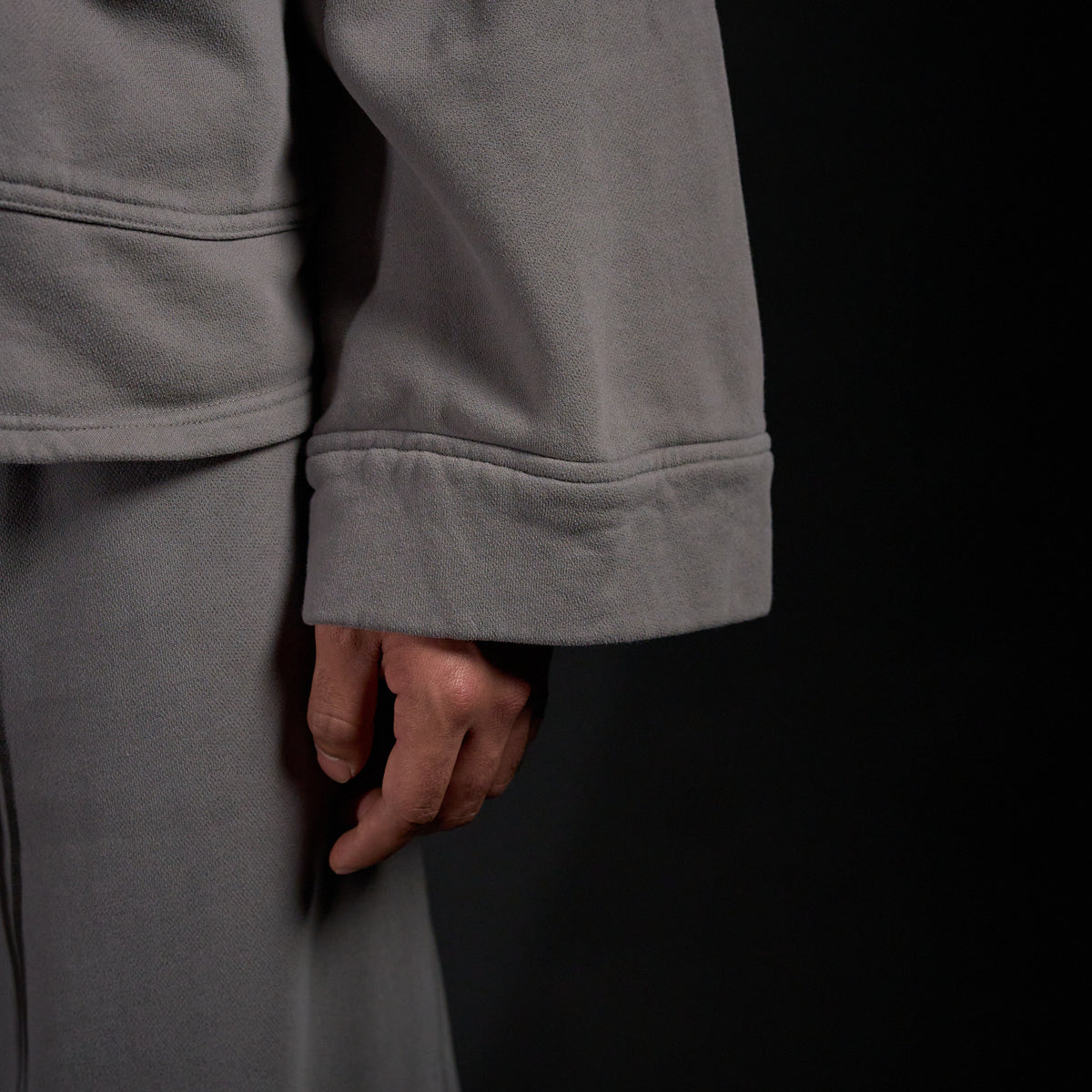 Haori Hoodie in DARKSIDE charcoal grey, close-up of sleeve cuff | Village Hidden in Iron