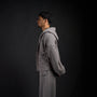 Haori Hoodie in DARKSIDE charcoal grey, side profile on model | Village Hidden in Iron