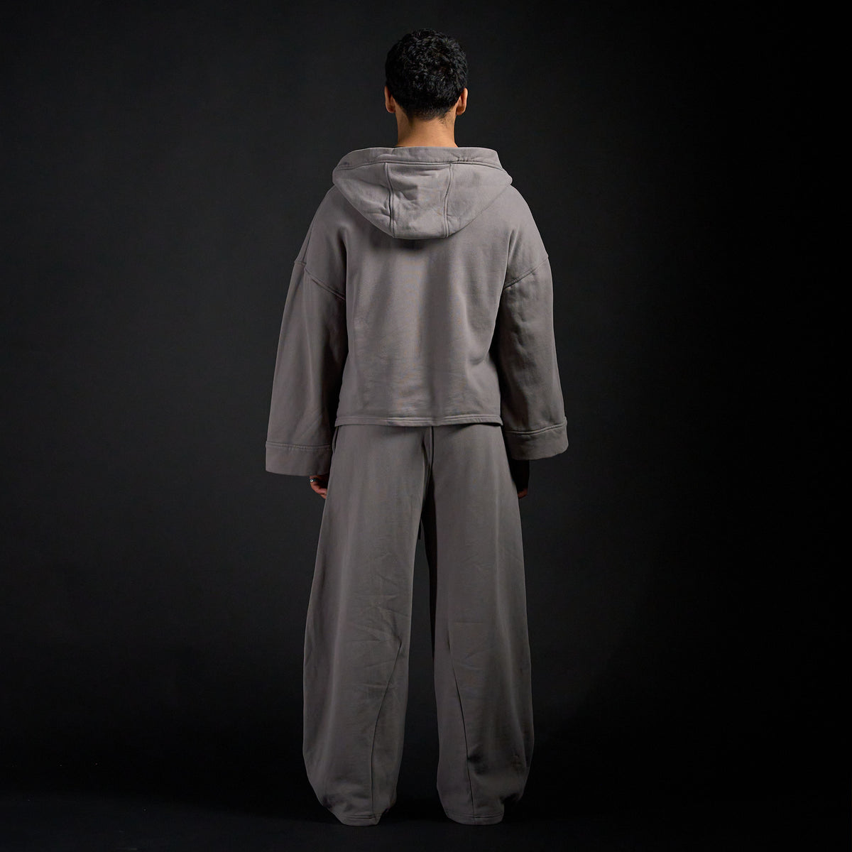 Haori Hoodie in DARKSIDE charcoal grey, back view on model | Village Hidden in Iron