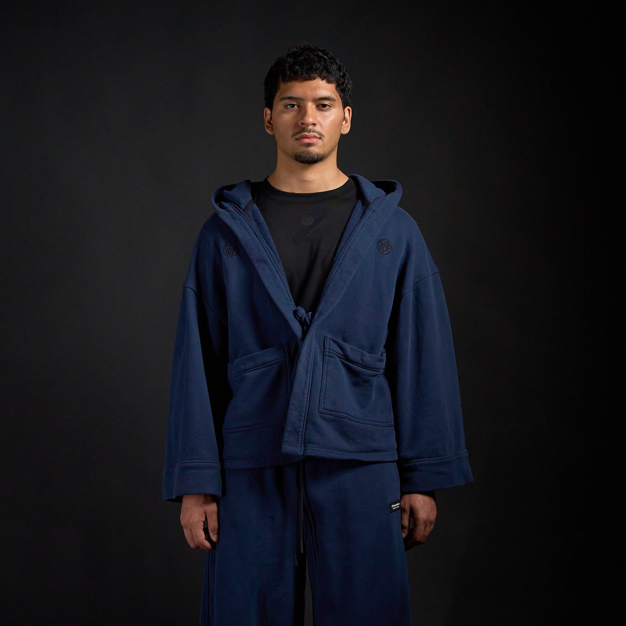 Haori Hoodie in MIDNIGHT navy, front view on model | Village Hidden in Iron