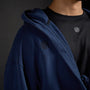 Haori Hoodie in MIDNIGHT navy, close-up of collar and chest emblem | Village Hidden in Iron