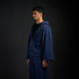 Haori Hoodie in MIDNIGHT navy, three-quarter view on model | Village Hidden in Iron