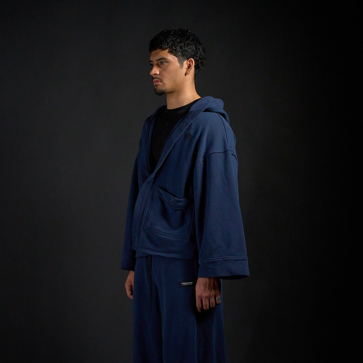 Haori Hoodie in MIDNIGHT navy, three-quarter view on model | Village Hidden in Iron