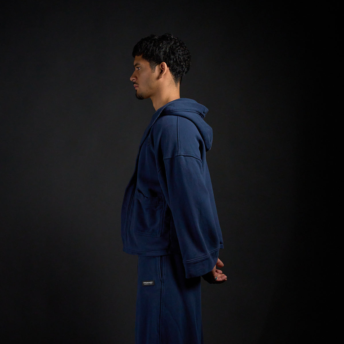 Haori Hoodie in MIDNIGHT navy, side profile on model | Village Hidden in Iron