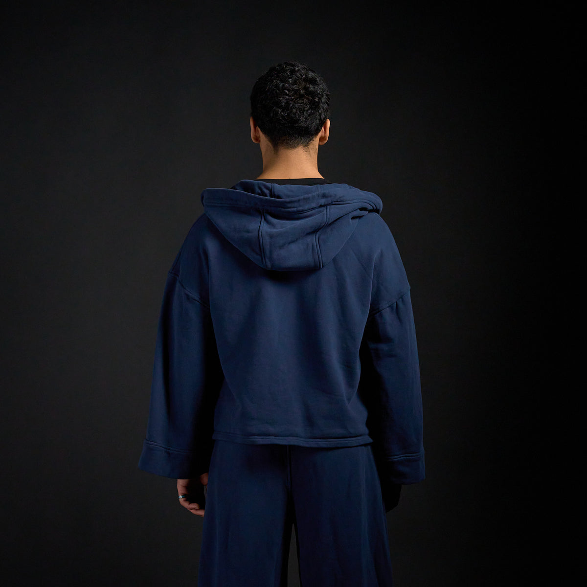 Haori Hoodie in MIDNIGHT navy, back view on model | Village Hidden in Iron