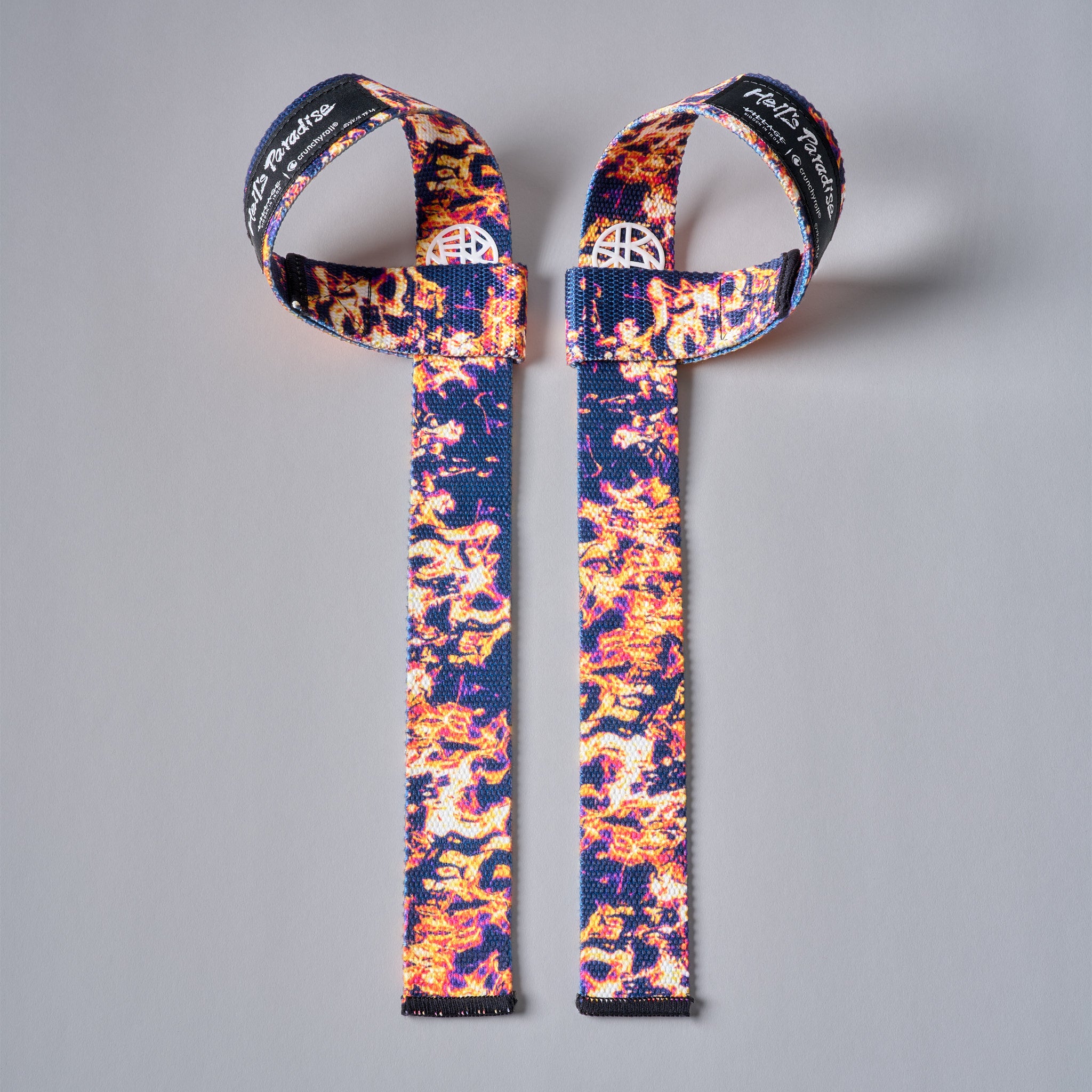 ASCETIC BLAZE anime lifting straps with Hell's Paradise flame artwork