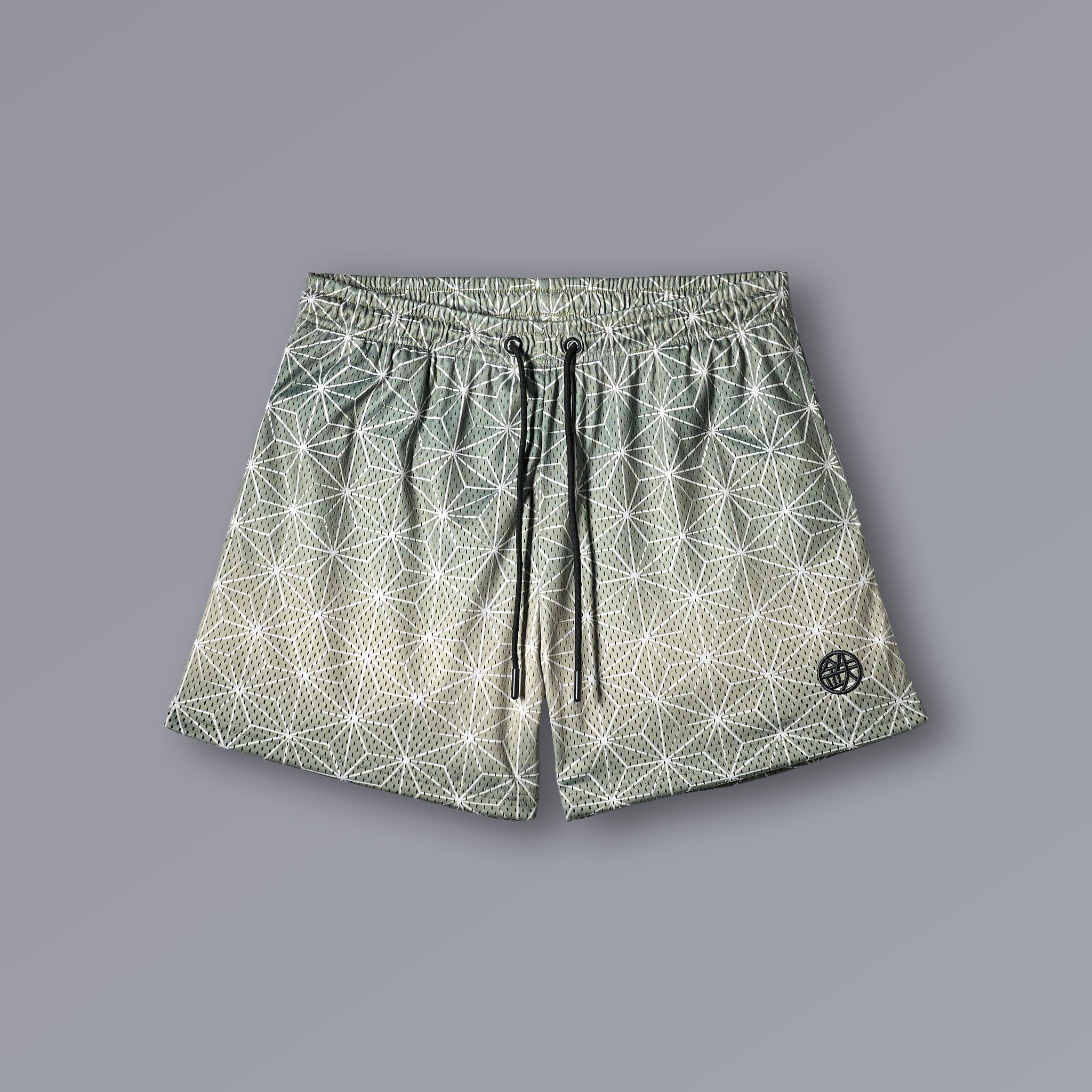 SAGE ASANOHA Athletic Shorts in sage green with asanoha pattern, 5-inch mesh
