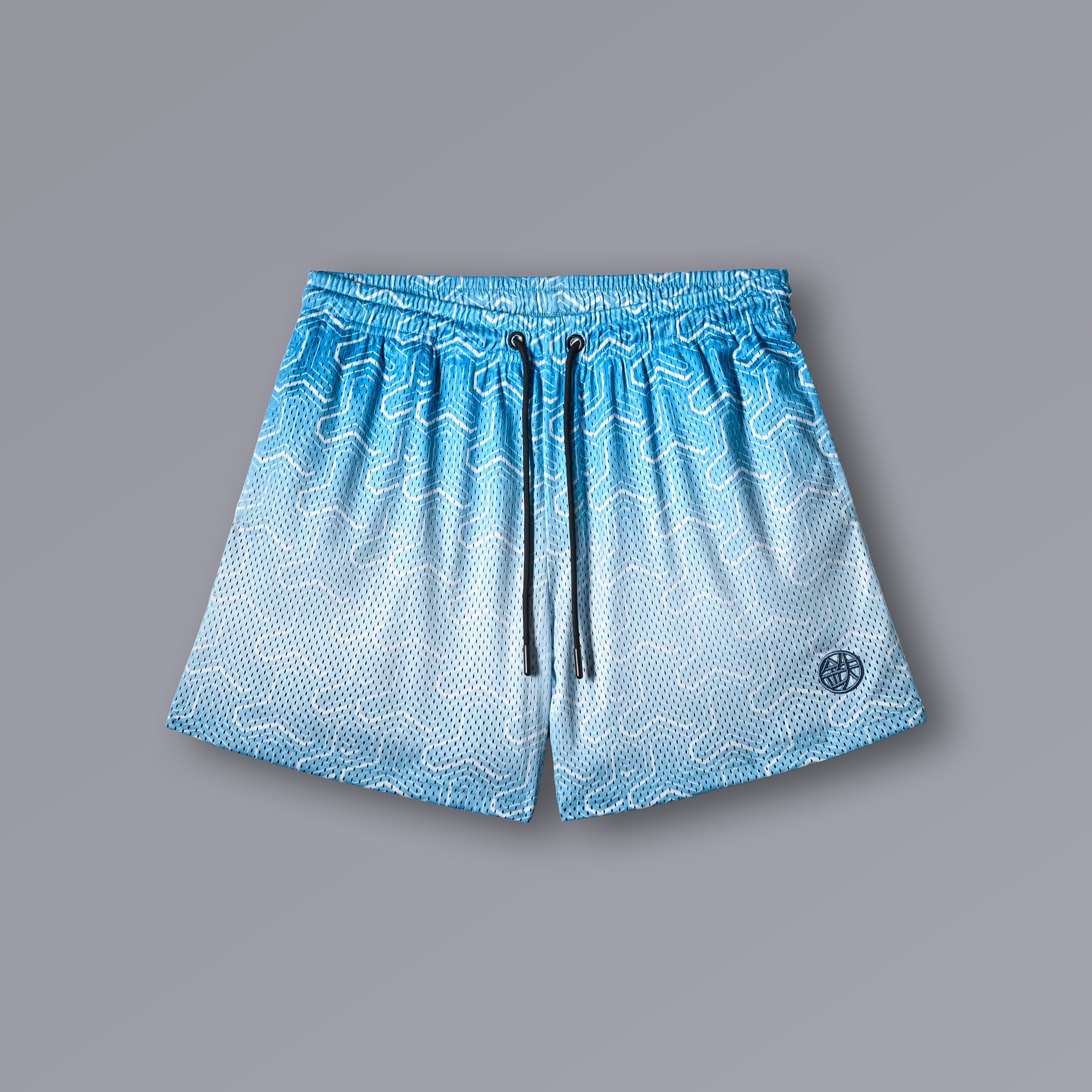 SKY BISHAMON Athletic Shorts in sky blue with bishamon pattern, 5-inch mesh