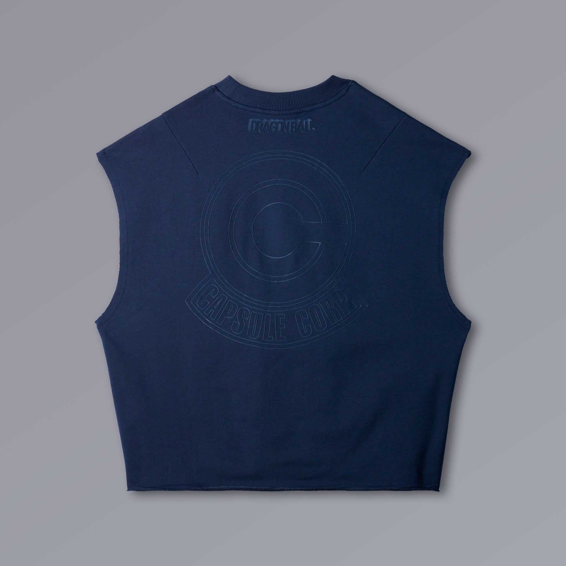 CAPSULE CORP Cutoff Tanktop in Dragon Ball blue, raw-edge cropped French terry
